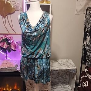 Blue Metallic Sequin Cowl Neck Midi Dress